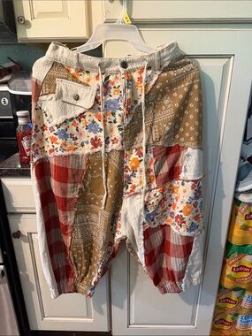 POL Patchwork Wide Leg harem Pants in Red, Tan, Cream, Blue Floral